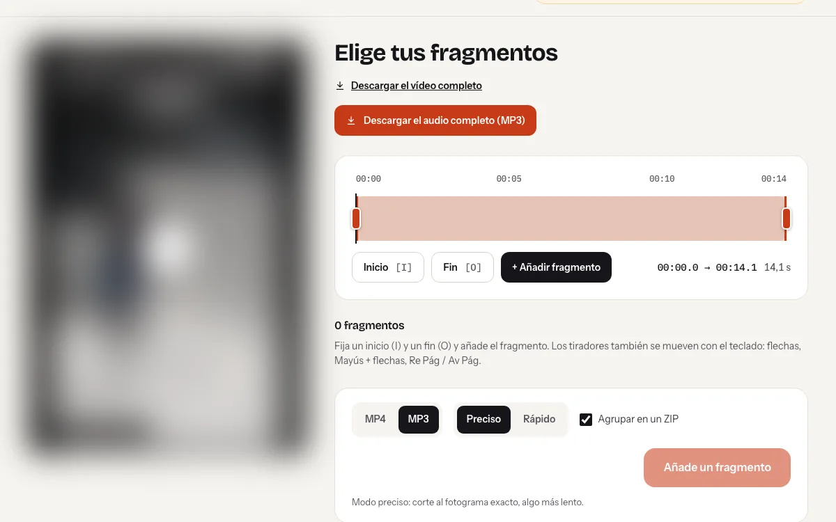 Editor de ssstiktok.live con MP3 preseleccionado y el botón para descargar el audio completo